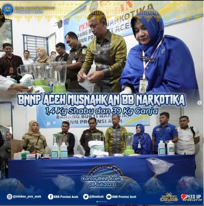 BNNP Aceh Musnahkan 1,4 Kg Sabu dan 39 Kg Ganja